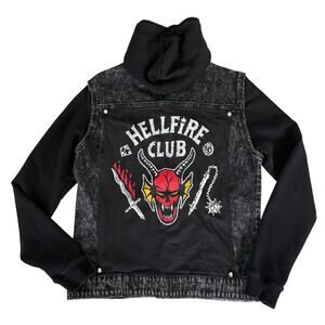 Stranger Things Hellfire Club Upcycled Denim Stud Spike Hoodie Jacket Rock M